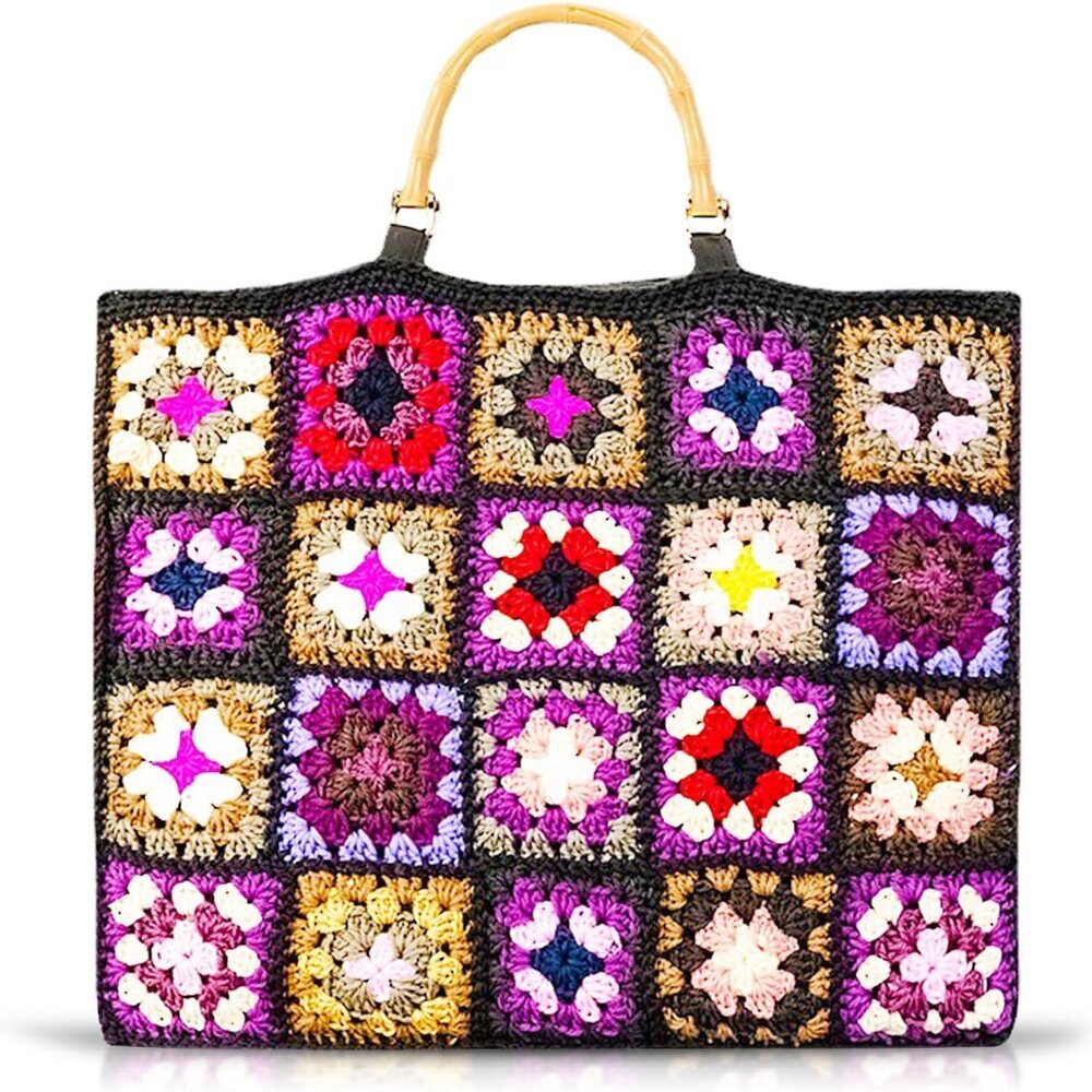 Tote Bag for Women, Multicolored Plaid Hand-woven Knitted Cotton Handbags, Large